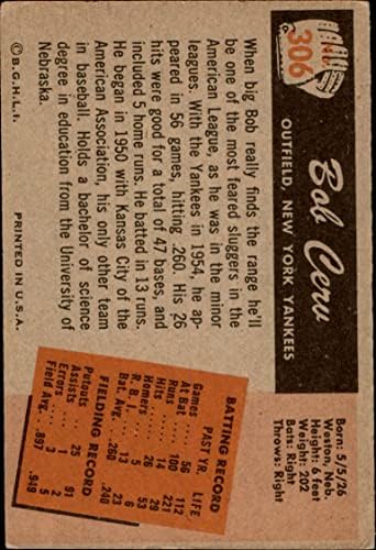 1955 Bowman # 306 Bob Cerv New York Yankees Vg / Ex Yankees