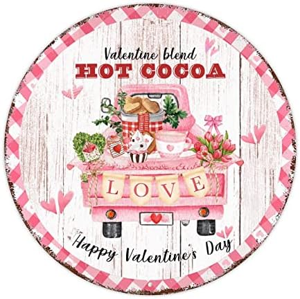 Valentine Blend Hot Cocoa Okrugli metalni limenki znak Slatko piće Pink plašten aluminijski znak 12in Buffalo Plaid potpisao sa valentinom