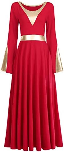 Ženska metalik boja blok liturgijskog pohvale plesna haljina zvona dugih rukava lirski ples