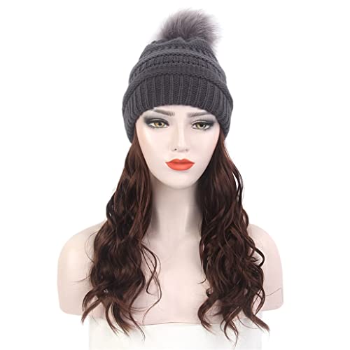 KLKKK modni evropski i američki ženski šešir za kosu siva pletena kapa perika duga kovrčava smeđa perika i šešir