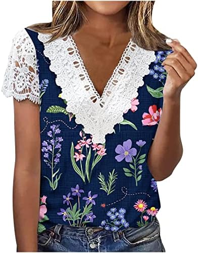 Ljetni elegantni vrhovi za žene čipke obloga V izrez cvjetni ispisani majica kratkih rukava casual trendi majica