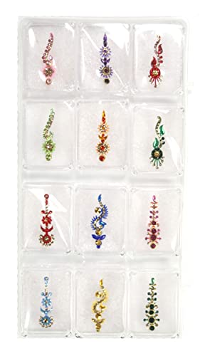 Ashirwad Indian Multicolor Multiselise, Multi dizajn kamena kristalna bridalna bendis, čelo Tika, Lice Jewels Naljepnice Bindi Box