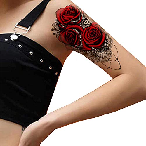 Tatodays 4 x Crvena ruža cvijeće Privremene tetovaže za odrasle djece Žene Muškarci Djevojke Gothic Cvijet Velike i male ruže Odrasle