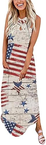 4. jula Maxi haljine za žene Ležerne ljetne boho haljine s zastavom SAD-a bez rukava s Halterom bez vrata Patriotske duge sarafane