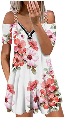 Ženske seksi prednje Mini haljine sa patentnim zatvaračem, bez ramena za žene Casual kratki rukav cvjetna majica haljina A-Line Flowy