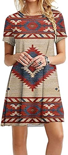 Žene Aztec haljine retro zapadno etnički tisak kratkih rukava midi haljina ljetna casual labava haljina na plaži