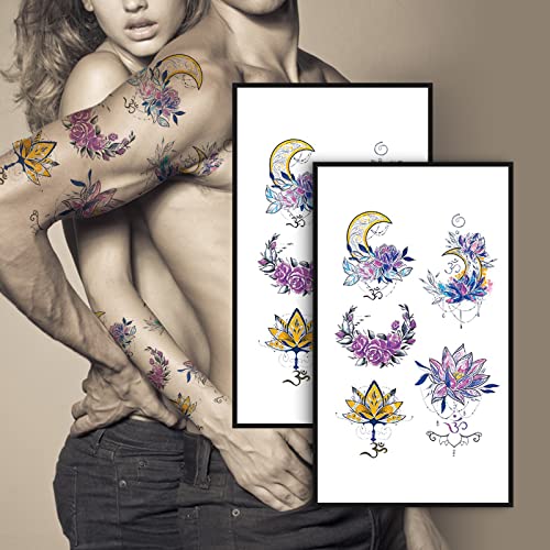 2 lista vodootporna dugotrajna tetovaža, realistični Boho Lotus Rose Flower Moon Body Art Tettoo naljepnice za tetovažu, personalizirani