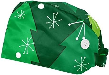 2 komada Unisex Bouffant kape s tasterima kravate kape sa duksevima za žene muškarci, zeleno božićno stablo uzorak pahuljice