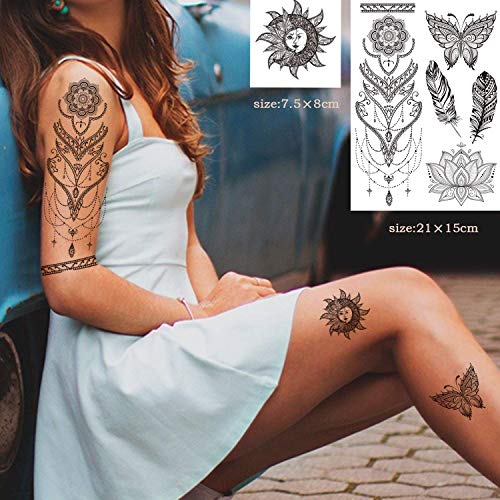 12 listova privremene tetovaže crne kane za odrasle žene djevojke, pernata Mandala cvijet Body Art velike tetovaže velike ruke čipkasta mehndi mandala tetovaža