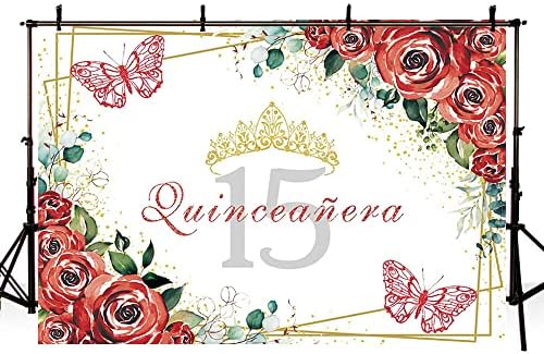 SENDY 7x5ft Quinceañera pozadina Mis Dunja 15 anos Rođendanska zabava ukrasi za djevojku princeza crveno cvjetno cvijeće leptir Zlatna