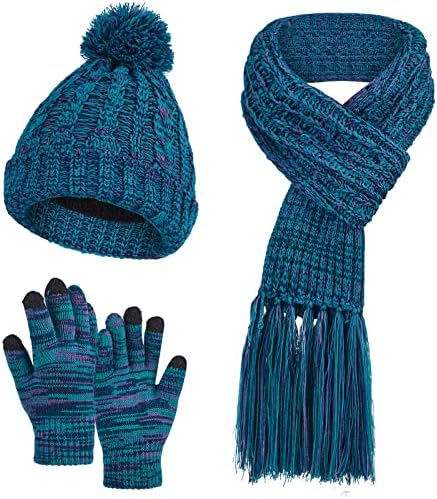 MissHothair ženska hat 3 u 1 topli dugi šal na dodir s dodirnim zaslonom set 3 zimskog debelog komada pletenog pom pom poklopca