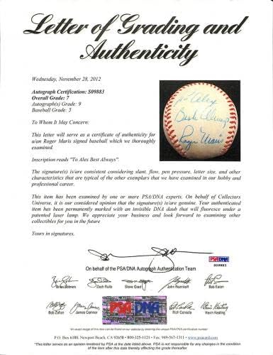 Roger Maris Single potpisan Yankees Službena liga Baseball PSA loa auto 9 - autogramirani bejzbol