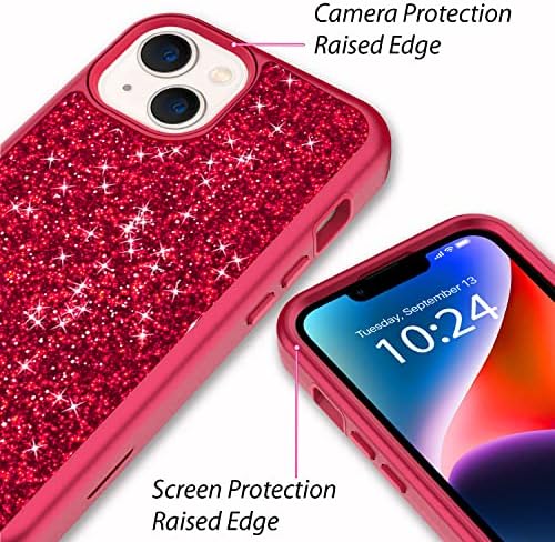 Coolwee Glitter Potpuni zaštitni kompatibilni iPhone 14 Case Vojska kapa za zaštitu pjenušava hibrid 3 u 1 ružičasto crvene teške