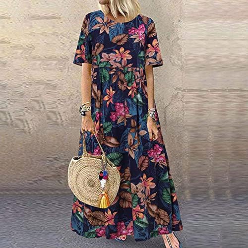 Haljina kratki rukav, žene plus veličine O-izrez cvjetni print Vintage kratki rukav Dugi maxi haljina