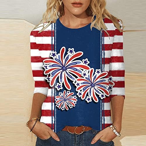 4th of July Shirts for Women USA Flag Summer 3/4 Sleeve Crew Neck Shirt Three Quarters Sleeve Holiday Casual bluza Top