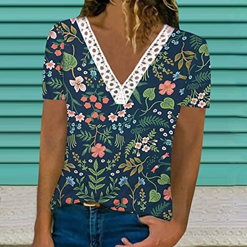 Kratke rukave cvjetne majice za žene čipkaste Trim V izrez trendi ljetni vrhovi klasična dnevna odjeća labavi kroj Tee Blusas