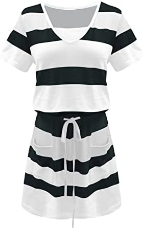 Striped Casual haljina za žene kratke rukave V vrat T-Shirt haljine Drawstring ljetna haljina sa džepovima plaža haljina