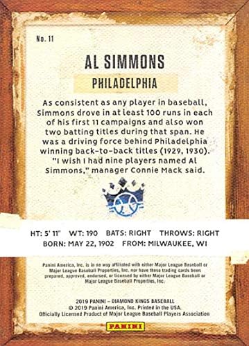 2019 Panini Diamond Kings 11 Al Simmons Philadelphia Atletics Baseball Trgovačka kartica