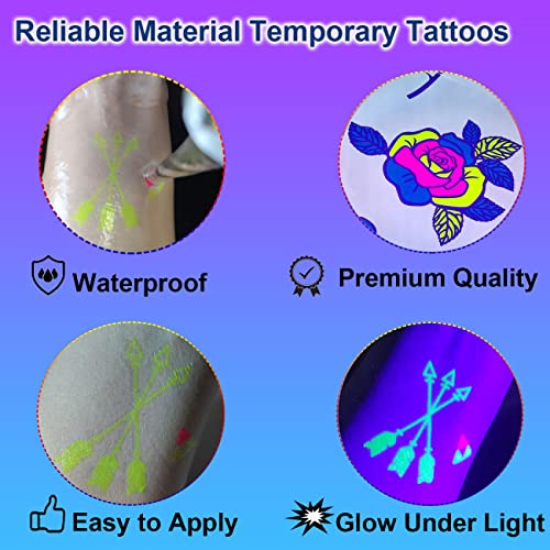 Glow In The Dark Tattoos - 14 listova privremene tetovaže, crno svjetlo reaktivne neonske privremene tetovaže za Rave Festival, ženska