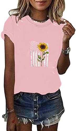 Žene majice Patriotski suncokret cvjetni tisak Tors T majice Kratki rukav Crew Crt Spandex Hrunch majice 2023 NW