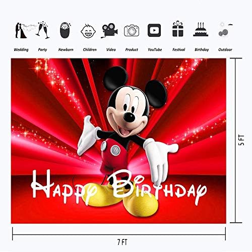 VV pozadina Sretan rođendan Mickey Mouse tema 7x5 Vintage crna i crvena pozadina za djecu prvi rođendan vinil svjetlucave Pozadine