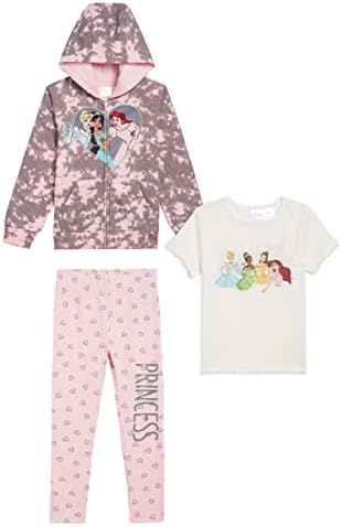 Disney Princesses 3 komad pantalone Set za djevojčice, Djevojke princeza Zip-Up Hoodie, T-Shirt, i pantalone Set