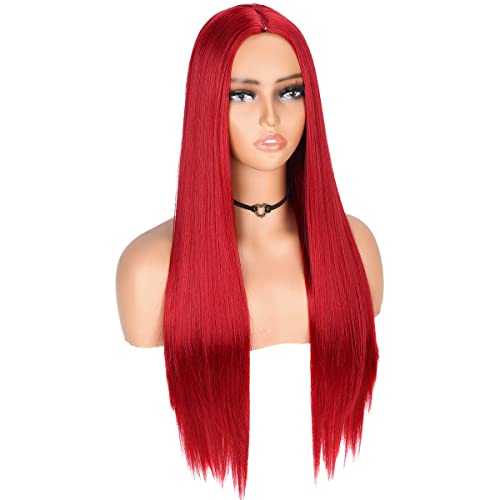 FANCEE Crvene perike duga ravna crvena perika za kosu srednji dio Sintetička ravna perika za kosu prirodni stil puna perika za žene