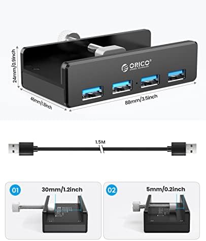 ORICO USB Hub Clip Tip 4 Port USB 3.0 Hub 5Gbps Super Speed Mini Aluminium Data Hub sa kablom od 4.92 ft (A Do a,bijela za monitore、stolovi-Crna